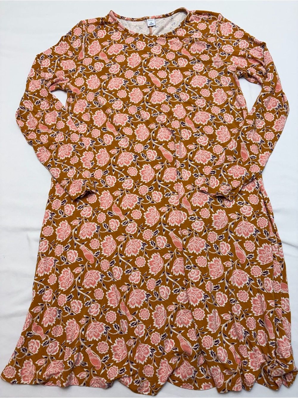 Old Navy Yellow Mustard Floral Bird Long Sleeve Knit Swing Dress Women Medium